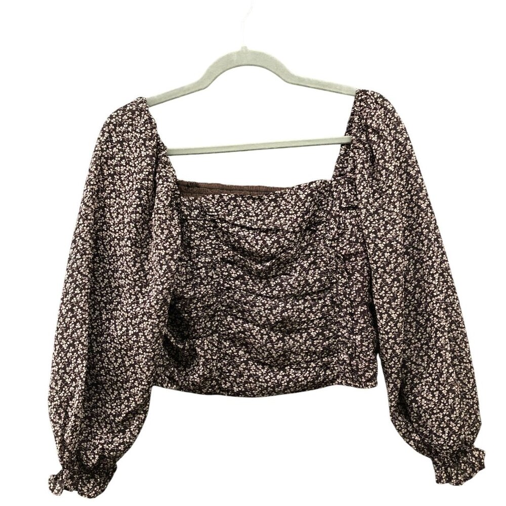 Kourt Puff Sleeve Smocked Crop Top‎ Womens S Brown Floral Walter Square Neck